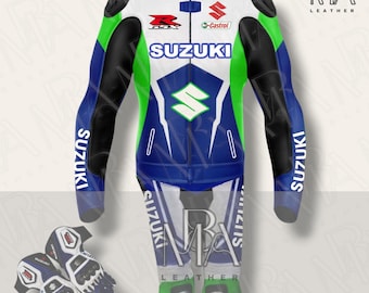 Men's Suzuki Motorbike Racing Leather Suit: Jacket, Pants and Gloves