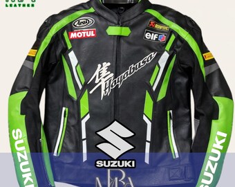 Suzuki Hayabusa Leather Motorcycle Jacket: Cowhide Biker Racing Jacket Green and Black