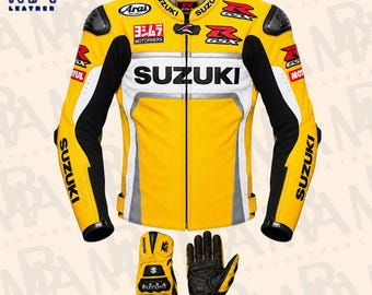 Suzuki GSX-R Leather Motorcycle Jacket and Gloves Set: Yellow Black Cowhide Racing Gear