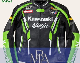 Men's Kawasaki Ninja Leather Motorcycle Jacket, Black Green Biker Armor