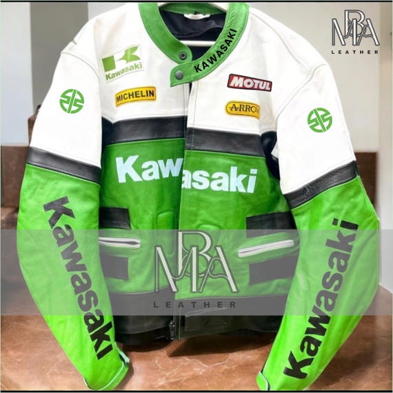 DIESEL レーシングジャケット XL L-Racing Jacketグリーン Kawasaki Biker Racing Jacket - Stylish Green & White Leather