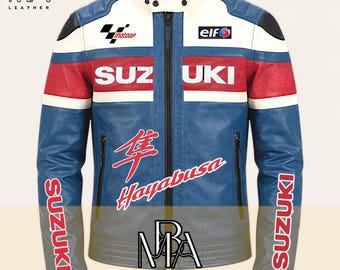 Suzuki Hayabusa Leather Motorcycle Jacket: Cowhide Biker Racing Jacket Blue and Red