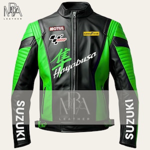 Suzuki Hayabusa Jacket Original Cowhide Leather Jacket for Bikers Racing Motorbike Leather Jacket Green & Black