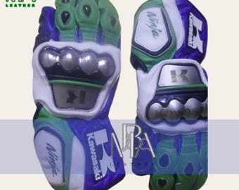 Kawasaki Racing Leather Motorcycle Gloves with Hard Knuckle Protection Blue Green & White