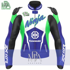 Kawasaki Ninja ZX-10R Motorbike Racing Leather Jacket Mens Kawasaki Racing Motorcycle Biker Jacket Green & Blue