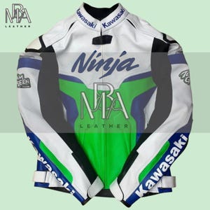 Men&#39;s Kawasaki Ninja ZX-10R Motorbike Racing Leather Jacket Kawasaki Racing Motorcycle Biker Jacket Green & Blue
