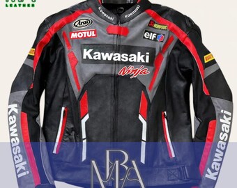 Men's Kawasaki Ninja Leather Motorcycle Racing Jacket with Protective Gears
