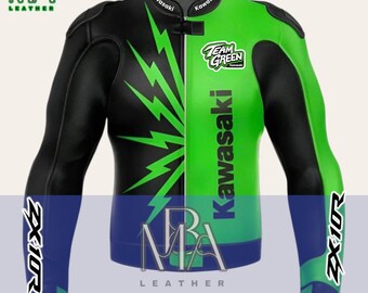 Kawasaki Ninja ZX-10R Leather Motorcycle Racing Jacket: Green and Black