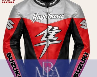Suzuki Hayabusa Leather Motorcycle Jacket: Cowhide Biker Racing Jacket Red Gray and Black