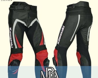 Kawasaki Racing Leather Motorcycle Pants: Black & Red Biker Gear