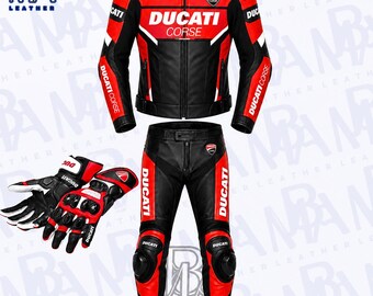 Ducati Corse Leather Motorcycle Racing Jacket: Red and Black with Matching Pants and Gloves