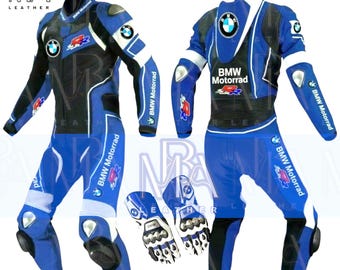 BMW Motorrad Leather Racing Suit: Blue & Black, Protective Gear with Gloves