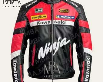 Men's Kawasaki Ninja Motorbike Racing Leather Fashion Jacket Kawasaki Racing Motorcycle Biker Jacket Red and Black