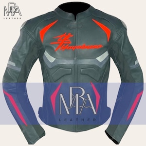 Suzuki Hayabusa Leather Jacket Dark Gray Original Cowhide Biker Jacket Hayabusa Motorbike Leather Jacket for Men Racing Motorcycle Jacket