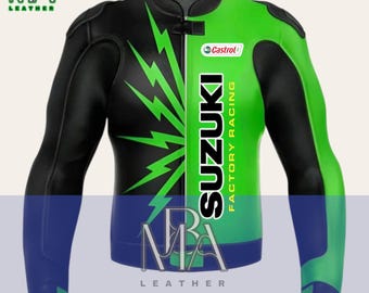 Suzuki Racing Leather Jacket: Men's Biker Motorbike Cowhide Apparel