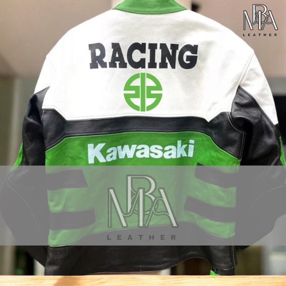 Kawasaki Biker Racing Jacket - Stylish Green & White Leather