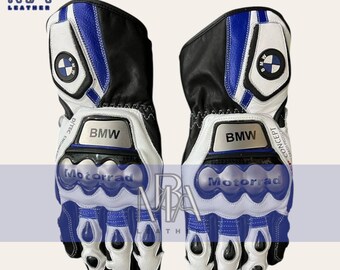 BMW Racing Leather Motorcycle Gloves with Hard Knuckle Protection Blue & White