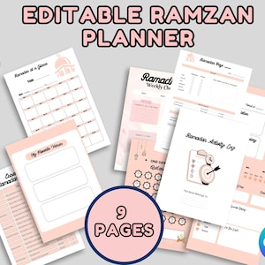 Op de afbeelding: Een verzameling van negen afdrukbare Ramadan-plannerpagina's in zachtroze en wit. De pagina's bevatten een kalender, wekelijkse checklist, activiteitenlogboek en andere planningstools. De tekst "EDITABLE RAMZAN PLANNER" staat bovenaan.