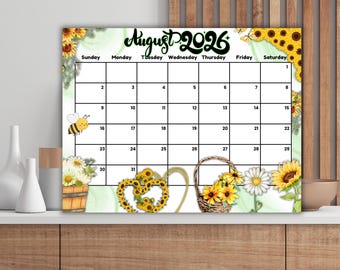 Editable August 2026 Calendar | Printable & Fillable Monthly Planner, Sunflowers Design, Letter Size Organizer for Kids, School, Home,Office