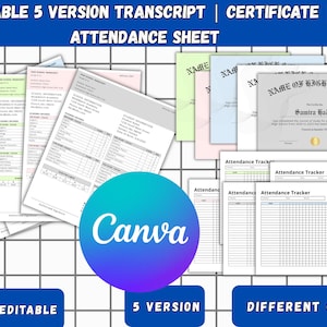 Transcript Template Editable Canva, High School Transcript Template, Certificate & Attendance Sheet, School Bundle 5 Color Pages, Graduation