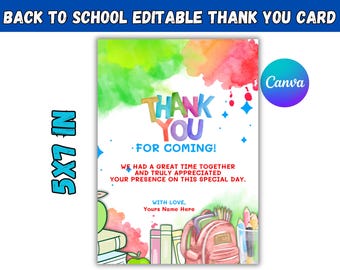 Plantilla de Canva para tarjeta de agradecimiento de regreso a clases / Tarjeta de agradecimiento editable para maestros / Nota de agradecimiento para estudiantes / Tarjeta de regalo para el primer día de clases / En