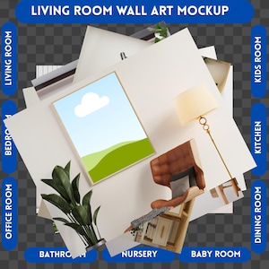 Puede incluir: Una maqueta de una sala de estar con una pintura de paisaje enmarcada en una pared blanca, un sill&oacute;n de cuero marr&oacute;n con un coj&iacute;n, una l&aacute;mpara de pie dorada y una planta verde en maceta. La imagen est&aacute; dividida en secciones con diferentes nombres de habitaciones, como "Sala de estar", "Dormitorio", "Oficina", "Ba&ntilde;o", "Guarder&iacute;a", "Habitaci&oacute;n de beb&eacute;", "Comedor", "Cocina" y "Habitaci&oacute;n de ni&ntilde;os".