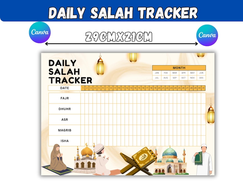Salah Prayer Tracker Printable | Canva Editable Islamic Prayer in ...