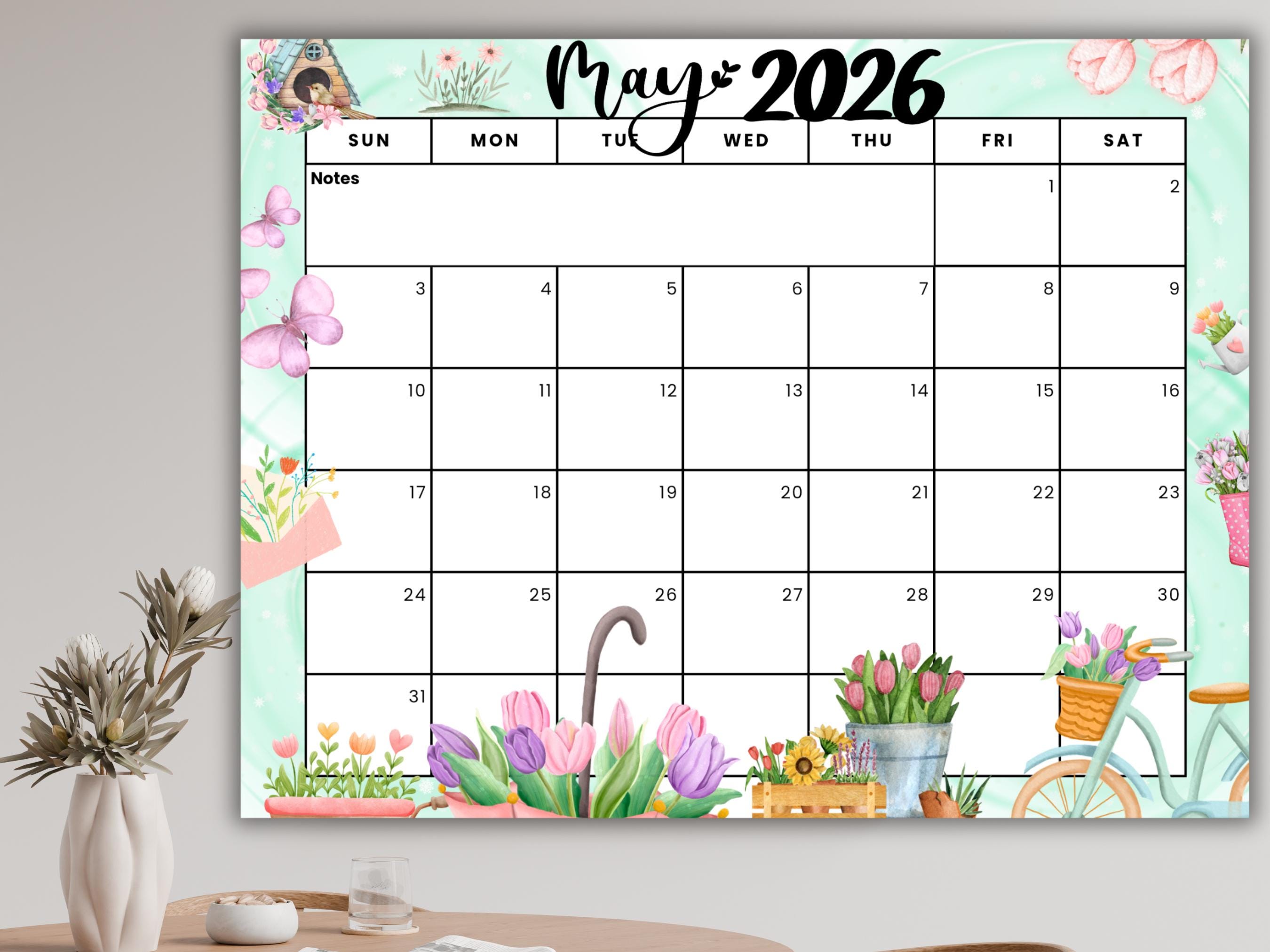 Calendario de mayo de 2026, planificador mensual editable de 11x8.5 ...