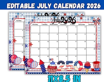 July 2026 Calendar Editable Canva Template | Printable Monthly Planner | CMYK PDF Calendar | Instant Download | 4th July Calendar 2026 | Jul