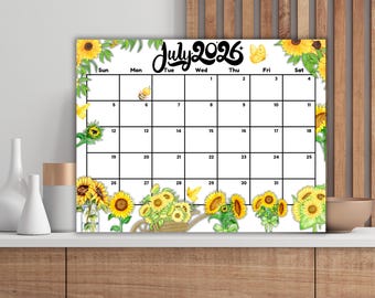 Calendario de julio de 2026 en PDF imprimible, Calendario Girasol, Planificador mensual minimalista editable en Canva, Calendario de pared estético, Inicio domingo lunes