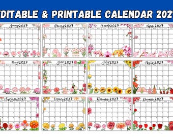 Plantilla de Canva para calendario floral imprimible 2027 / Planificador mensual editable / Calendario de Año Nuevo de enero a diciembre de 2027 / Calendario floral de temporada Lunes y