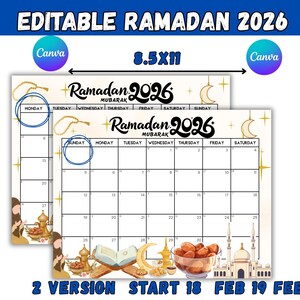 Può includere: Due calendari stampabili del Ramadan 2026, ciascuno con sfondo bianco e layout a griglia. I calendari sono etichettati "Ramadan 2026 Mubarak" e includono illustrazioni di datteri, una moschea e una luna crescente. Il testo "EDITABLE RAMADAN 2026" è in alto.