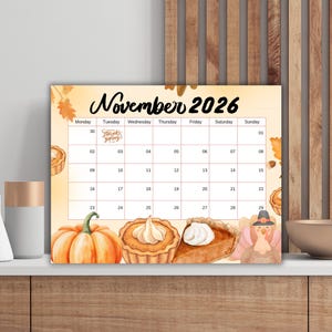 Calendrier de novembre 2026 modifiable Canva, joyeux Thanksgiving du lundi au dimanche, dinde sucrée, automne coloré pour enfants, classe