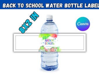 Plantilla de etiqueta para botella de agua de regreso a clases, etiqueta de nombre editable en Canva, pegatina para botella de agua escolar, envoltura para botella infantil, útiles escolares imprimibles