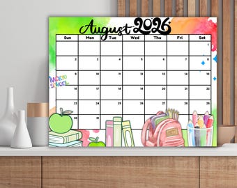 Calendario editable de agosto de 2026 en PDF / Planificador mensual imprimible y rellenable, diseño de regreso a clases, organizador tamaño carta para niños, escuela y hogar.