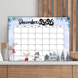 Calendrier de décembre 2026, agenda de renne mignon dim et lun sur toile, calendrier mensuel imprimable coloré pour enfants, école, maison, bureau