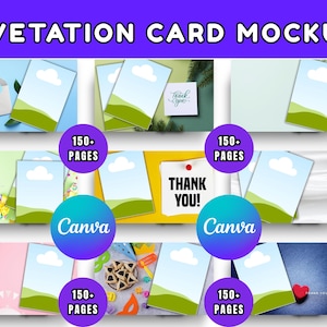 Könnte beinhalten: Ein Mockup von Einladungskarten mit verschiedenen Hintergründen, darunter ein blauer Umschlag mit dem Text "You're invited", eine "Thank You"-Notiz und andere dekorative Elemente. Das Design enthält den Text "INVETATION CARD MOCKUP", "150+ PAGES" und "Canva".