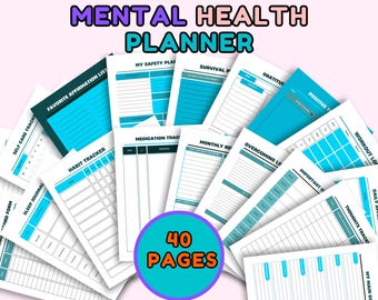 Può includere: Un pianificatore per la salute mentale con 40 pagine, con vari fogli di monitoraggio. Il pianificatore include sezioni per la cura di sé, le affermazioni, il monitoraggio delle abitudini e altro ancora. Il testo sulla copertina recita "Mental Health Planner."