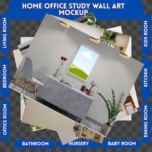 Puede incluir: Una maqueta de un arte de pared para estudio en casa con un escritorio gris, una silla blanca, una planta en maceta y un cuadro con un paisaje de cielo azul y nubes blancas. El texto "HOME OFFICE STUDY WALL ART MOCKUP" se muestra en la parte superior de la imagen.
