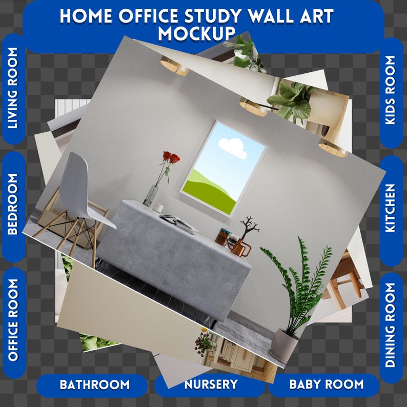Puede incluir: Una maqueta de un arte de pared para estudio en casa con un escritorio gris, una silla blanca, una planta en maceta y un cuadro con un paisaje de cielo azul y nubes blancas. El texto "HOME OFFICE STUDY WALL ART MOCKUP" se muestra en la parte superior de la imagen.