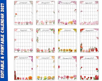 Plantilla de Canva para calendario floral imprimible 2027 / Planificador mensual editable / Calendario de Año Nuevo de enero a diciembre de 2027 / Calendario floral de temporada lunes y