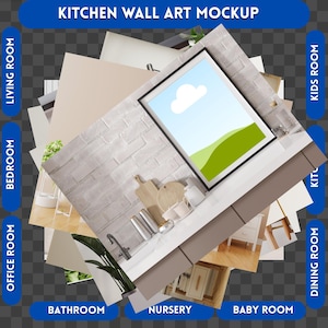 Puede incluir: Una maqueta de arte de pared enmarcada con un fondo de pared de ladrillo blanco. El marco es negro y la imagen en su interior es una escena de paisaje con un cielo azul, nubes blancas y colinas verdes. El marco est&aacute; sentado en una encimera blanca con un fregadero y otros art&iacute;culos de cocina.