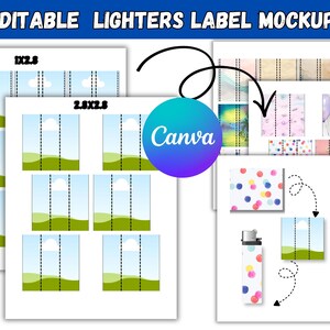 May include: An editable lighter label mockup template featuring multiple sheets with various patterns, including a blue sky with clouds and green hills, colorful polka dots, and balloons. The design includes a Canva logo and text labels.