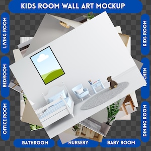 Puede incluir: Una cuna blanca con una manta azul y blanca, un sill&oacute;n azul, una mesa peque&ntilde;a con un oso de peluche y un cuadro enmarcado de un paisaje con una nube. La habitaci&oacute;n est&aacute; decorada en un estilo claro y aireado.