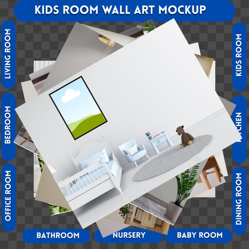 Puede incluir: Una cuna blanca con una manta azul y blanca, un sill&oacute;n azul, una mesa peque&ntilde;a con un oso de peluche y un cuadro enmarcado de un paisaje con una nube. La habitaci&oacute;n est&aacute; decorada en un estilo claro y aireado.