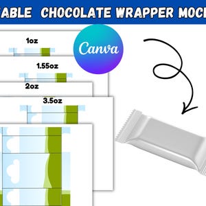 May include: An editable chocolate wrapper mockup featuring five template sizes labeled 1oz, 1.55oz, 2oz, 3.5oz, and 5oz with a Canva logo and a white rectangular chocolate bar wrapper shown with a black arrow pointing toward it on a white background.