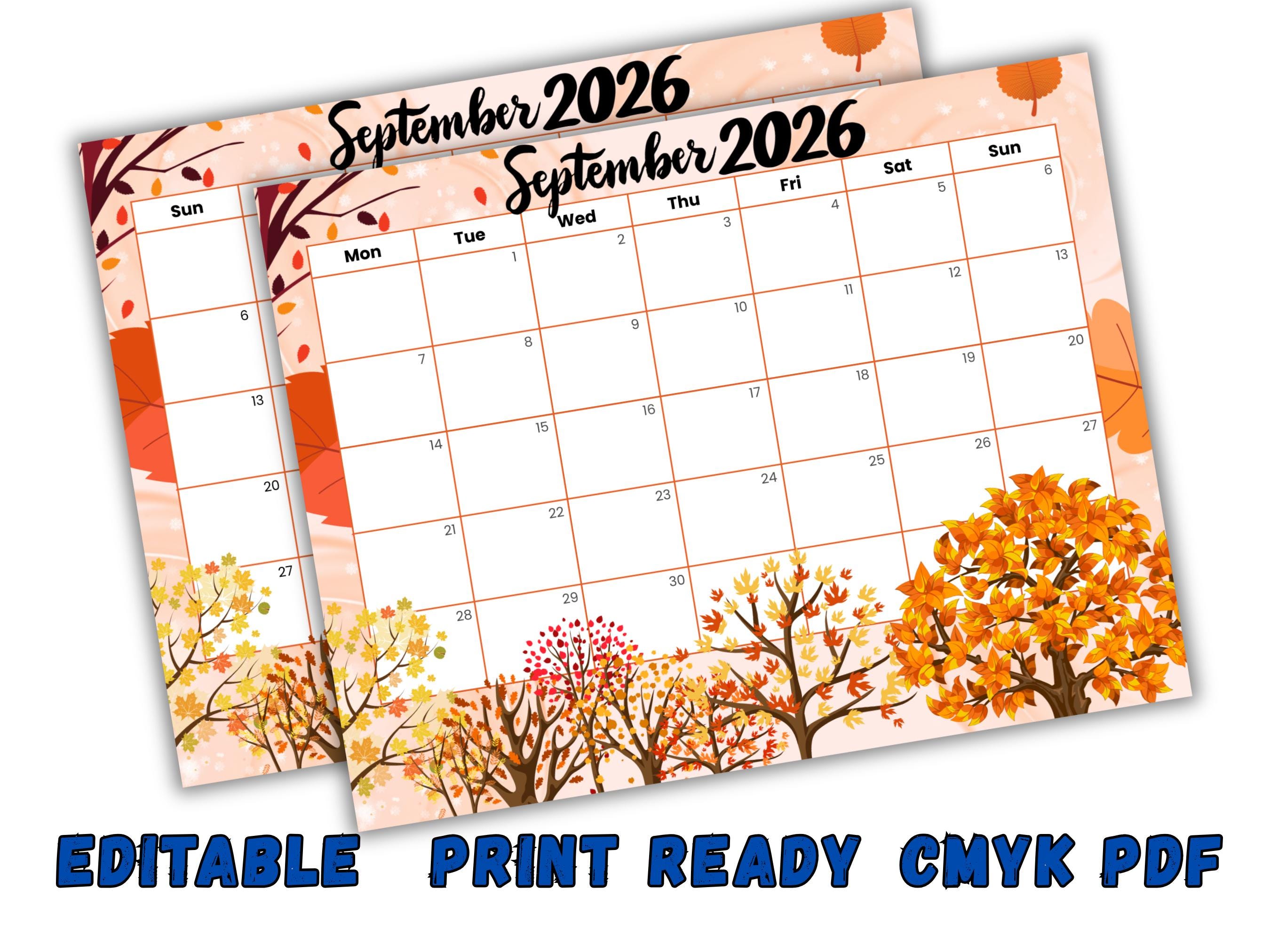 Editable September 2026 Calendar Printable PDF | Trees Monthly Planner ...