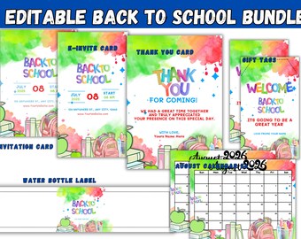 Paquete de regreso a clases - Plantilla de Canva / Calendario escolar de agosto, invitación editable, etiqueta para botella de agua, etiqueta de regalo, tarjeta de agradecimiento, evento de la asociación de padres y maestros