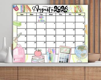 Calendario editable de agosto de 2026 en PDF / Planificador mensual imprimible y rellenable, diseño de regreso a clases, organizador tamaño carta para niños, escuela y hogar.
