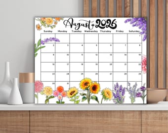 Calendario editable de agosto de 2026 en PDF / Planificador mensual imprimible y rellenable, Girasol Dhalia, Organizador tamaño carta para niños, escuela y hogar.